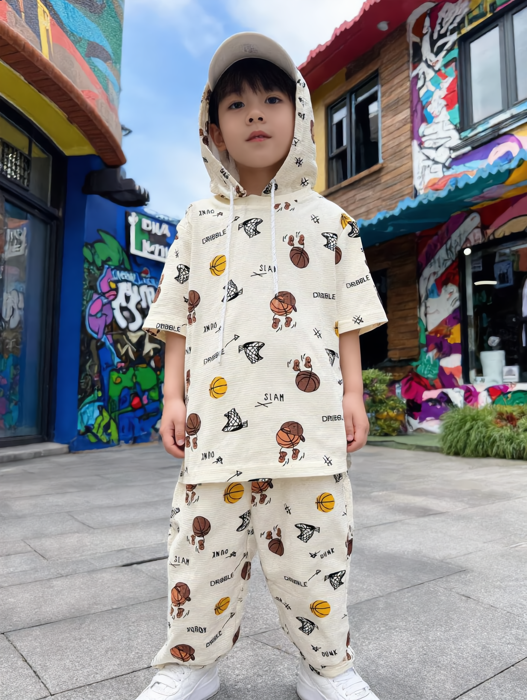 Boys Cream Basketball Print Short-Sleeve Hooded T-Shirt